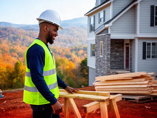 A builder in a hard hat and safety vest on a home construction site.