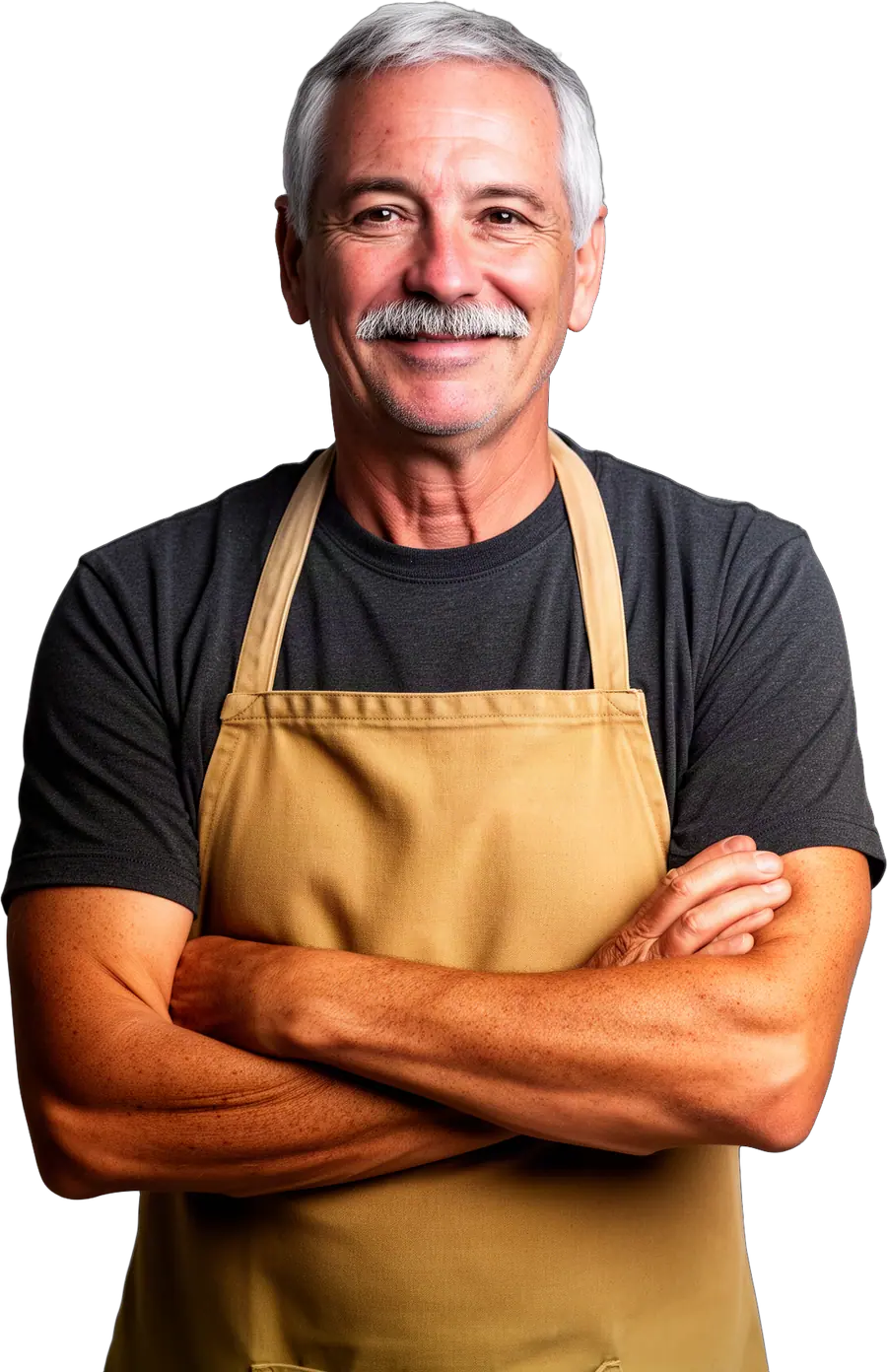 A smiling man with short gray hair in a charcoal crew-neck t-shirt under a tan canvas apron with arms crossed.