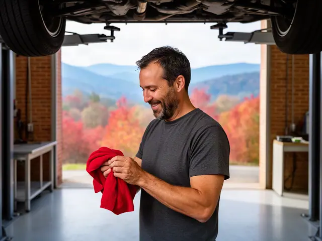 An auto-repair shop owner in a service bay under a lifted car.