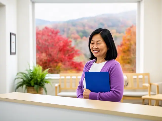 A clinic office manager holding a folder behind a reception counter.