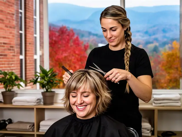 A stylist finishing a client's hair in a bright salon.